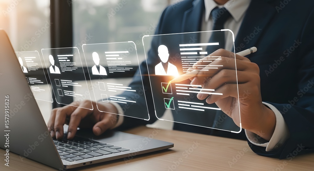 Poster businessman reviews applications for a job position using a digital interface on his laptop in a mod