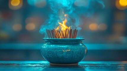 Burning Incense in Teal Vessel