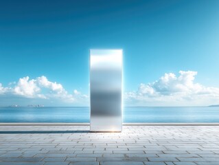 Futuristic metallic monolith beside a calm sea under blue sky.