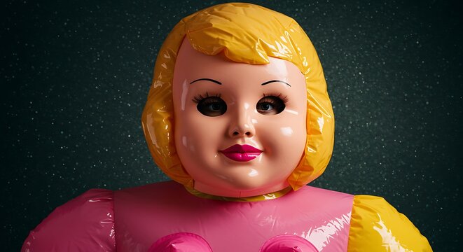 A person with wide, curious eyes peeks through the eyeholes of a large, shiny inflatable doll costume with blonde hair, pink dress, and rosy cheeks.