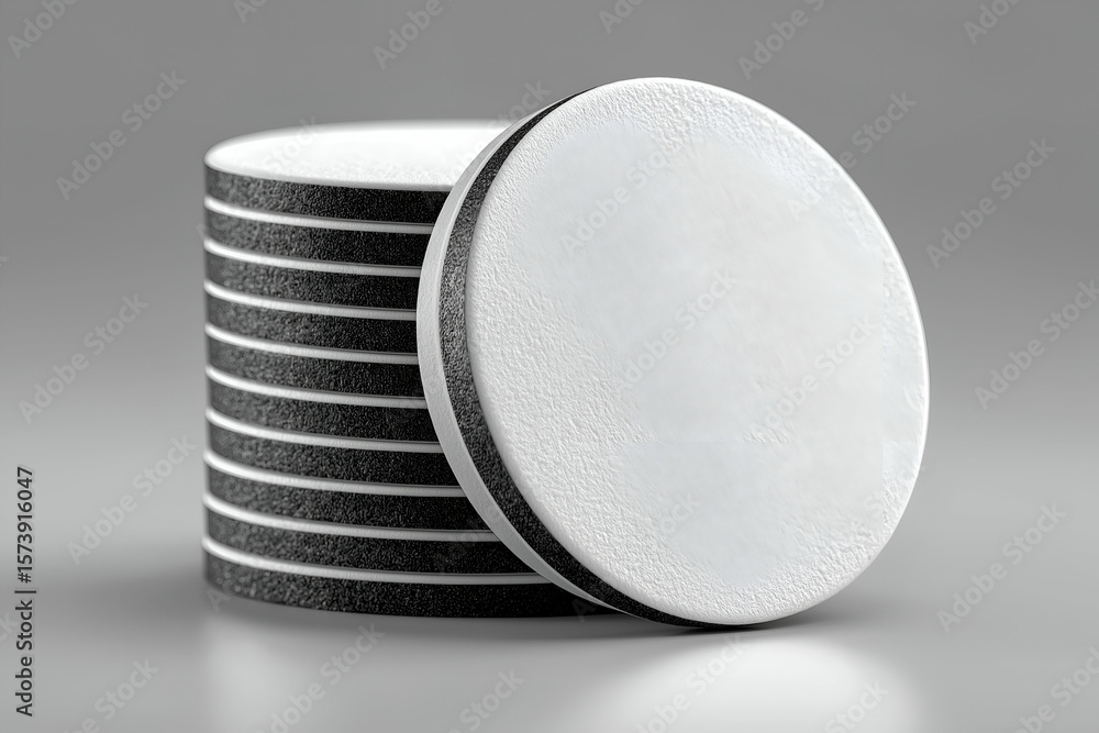 Poster stack of round coasters with textured surface for drinks or protection. mock up promotion informatio