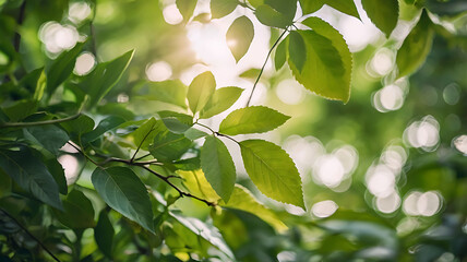 Obraz premium Natural background featuring soft-focus green foliage and sunlight filtering through the leaves. Gentle bokeh effect, bright and airy lighting.Perfect for wellness branding, eco-friendly packaging