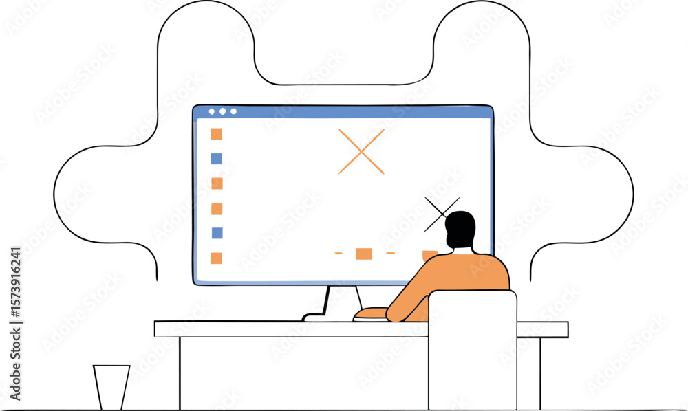 Poster person working on computer with problematic interface - outline illustration