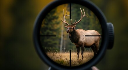 An elk is viewed through the crosshairs of a telescopic sight in a grassy clearing outdoors.