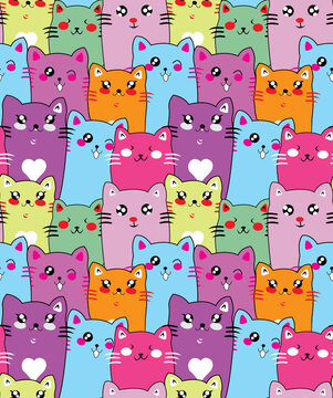 illustration cute cats seamless pattern, colorful vector design for kids 