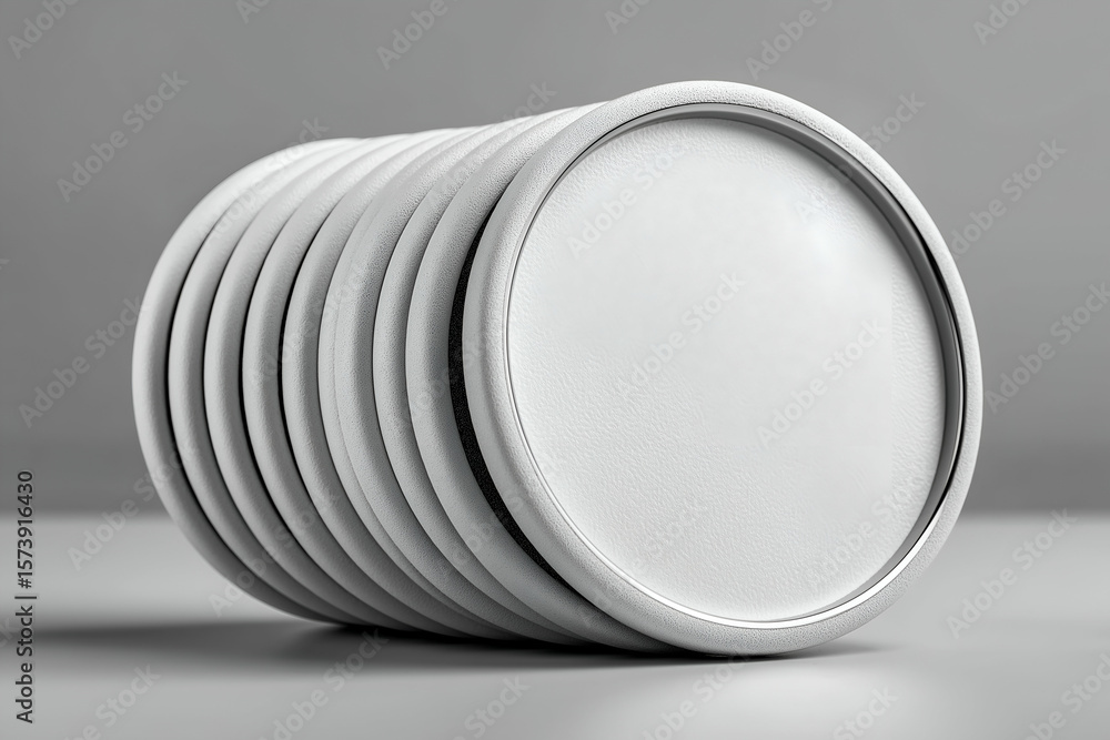 Poster stack of round objects with textured surfaces in monochrome studio setting. mock up promotion inform