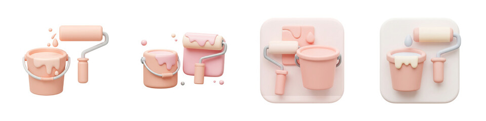 3D Paint Roller & Bucket Icon &ndash; Pastel Drip Style &ndash; Transparent PNG Set

