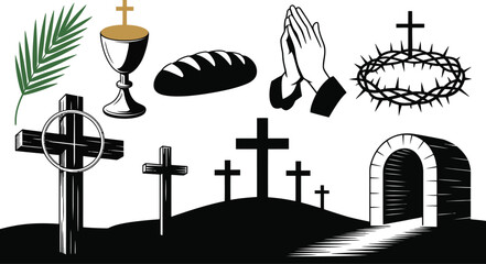 A collection of christian symbols including crosses, bread, praying hands, and a tomb entrance shown