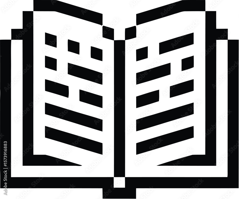 Aufkleber a pixelated black and white image of an open book with text on the pages against a white background