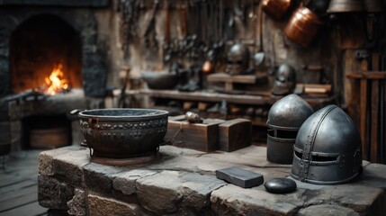 Medieval forge with helmets and tools in a rustic workshop.
