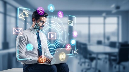 Digital Marketing Strategy: Man with Laptop and Social Media Icons