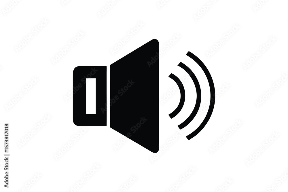 Poster simple black speaker icon with sound waves emanating from the side on a white background