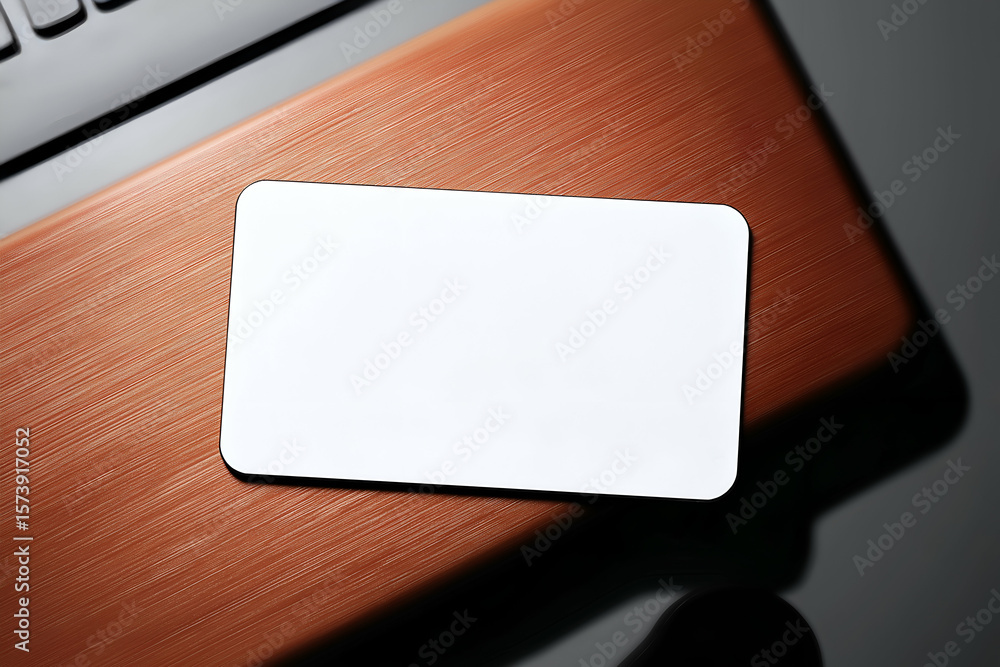 Poster blank white card lying on laptop surface for message display. mock up promotion information for mark