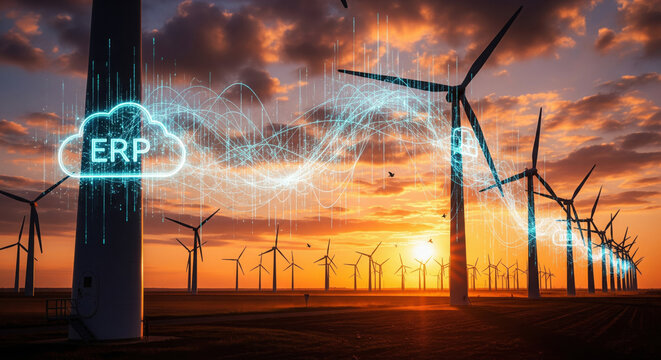 Wind turbines at sunset, connected by a digital ERP cloud network. . cloud ERP. - Powered by Adobe