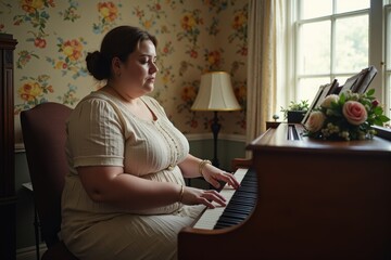 A plus-size white woman is playing a vintage piano in a sunlit room with floral wallpaper and antique furniture. The mood is soft and nostalgic