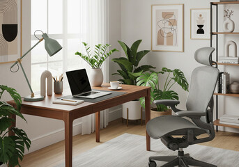Modern Home Office Setup: Ergonomic Chair, Wooden Desk with Laptop, Plants, and Natural Light for Productive Work