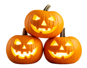 Stacked Halloween Pumpkins with Varied Faces, transparent background PNG