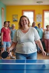 A plus-size white woman is playing table tennis in a bright community center with colorful walls and cheering people. The mood is joyful and lively