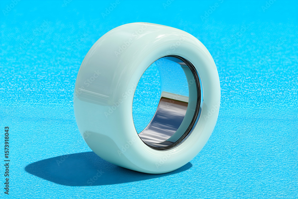 Poster turquoise torus object standing on a blue surface with shadow. mock up promotion information for mar