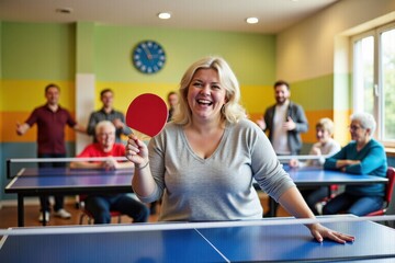 A plus-size white woman is playing table tennis in a bright community center with colorful walls and cheering people. The mood is joyful and lively