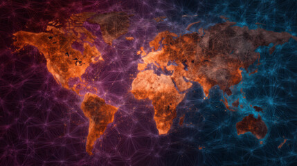 Digital world map with glowing network connections symbolizing global communication and data exchange.