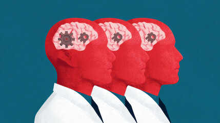 Three red human heads in profile wearing lab coats reveal brains with gears inside, symbolizing cognitive processes and mechanical thinking.