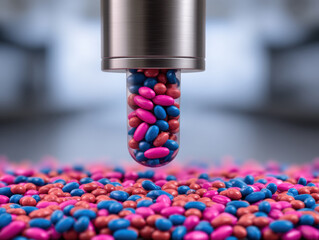  close-up of a capsule being filled with colorful red, blue, and pink pills or capsules in a pharmaceutical or manufacturing setting.