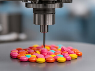precision machine inspects or processes colorful round pills arranged on a surface in a pharmaceutical setting.