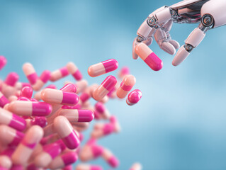  robotic hand interacts with floating pink and white capsules, symbolizing the fusion of technology and medicine.
