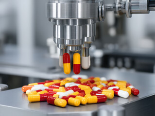 Capsules in red, yellow, and white colors being processed or sorted by a robotic machine in a pharmaceutical production setting.