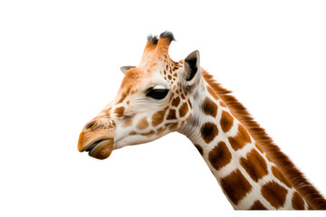 Close up profile of a giraffe head and neck isolated on transparent background