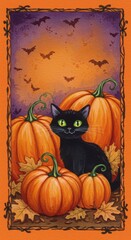 3D Halloween-themed greeting card illustration featuring a black cat surrounded by pumpkins and bats