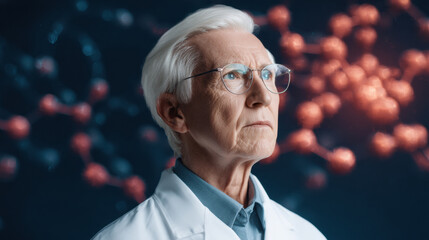  senior scientist in glasses and a lab coat looks thoughtfully into the distance with molecular structures blurred in the background.