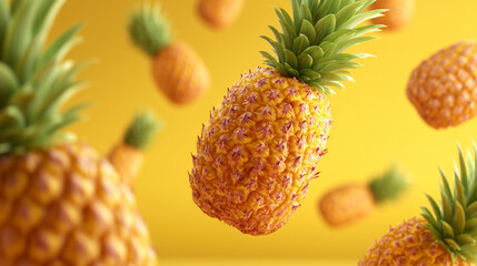 Juicy pineapples floating on vibrant yellow background, CGI 3D render
