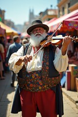 A plus-size white man dressed as a gypsy is playing a violin passionately in a lively outdoor market. Colorful tents and people surround him