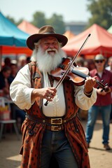 A plus-size white man dressed as a gypsy is playing a violin passionately in a lively outdoor market. Colorful tents and people surround him
