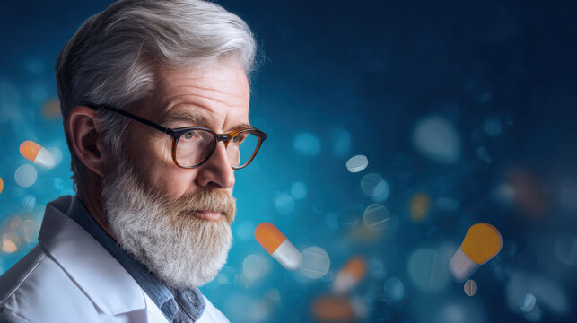 An elderly man with glasses and a beard studies floating capsules, symbolizing pharmaceutical research or medicine development.