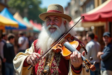 A plus-size white man dressed as a gypsy is playing a violin passionately in a lively outdoor market. Colorful tents and people surround him