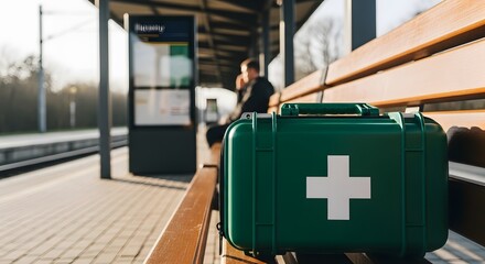A green first aid kit sits on a bench at a railway station, symbolizing safety, emergency preparedness, and healthcare availability on public transit.
