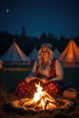 A plus-size white woman dressed as a gypsy is sitting by a campfire at night, telling stories. The background shows tents and a starry sky