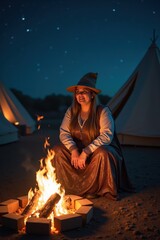 A plus-size white woman dressed as a gypsy is sitting by a campfire at night, telling stories. The background shows tents and a starry sky