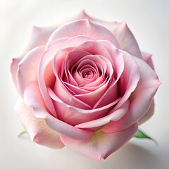 Elegant close-up of a blooming pink rose against a clean white background, capturing the delicate texture and soft pastel hues of the petals