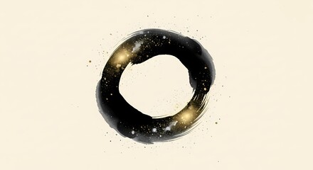 Abstract Japanese enso circle painted with a black brush stroke on a light background. Features gold glitter and sparkles, creating a cosmic or galaxy effect. A spiritual, zen symbol