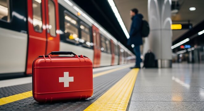 First aid kit waits at a train station, symbolizing preparedness and safety for passengers using public transport in the city. - Powered by Adobe
