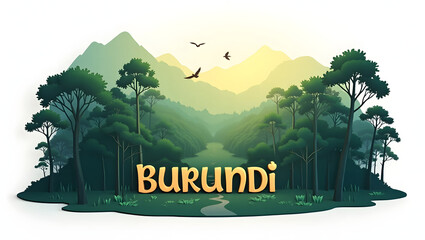 Fototapeta premium 3d illustration of Kibira National Park with misty forest hills and the word 'Burundi' beneath. Nature-focused, calm and immersive vacation vibe.
