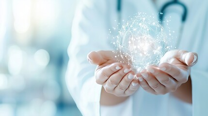 Doctor protecting global healthcare network with open hands