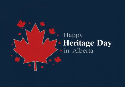Dark blue Alberta heritage day card with red maple leaf and star pattern in modern style  - Powered by Adobe