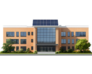 realistic school building mockup, front view with solar panels, isolated on transparent background