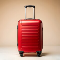 Studio close-up of a red hard-shell suitcase with spinner wheels and an extended handle, isolated on a neutral background