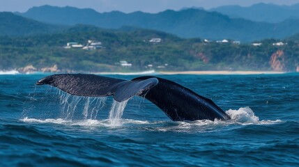 Fototapeta premium Whale tail emerging from ocean with mountains in the background.